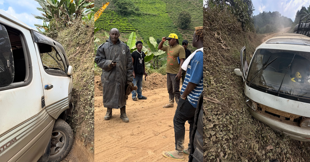 Ugandan rapper Gravity Omutujju at the scene of a road accident in Buhweju District, where the van he was travelling in lost control and hit a rock while he was en route to perform at a political rally.