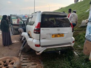 Wreckage of a Toyota Land Cruiser involved in a fatal crash at Mpala Interchange on the Entebbe Expressway.