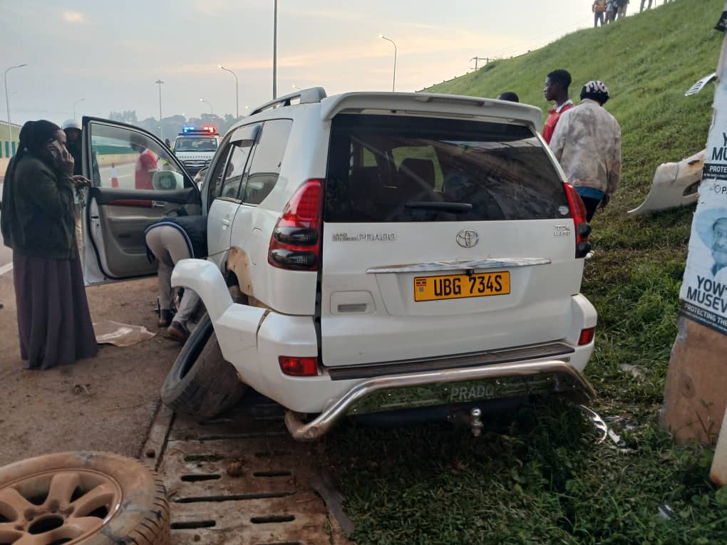Wreckage of a Toyota Land Cruiser involved in a fatal crash at Mpala Interchange on the Entebbe Expressway.