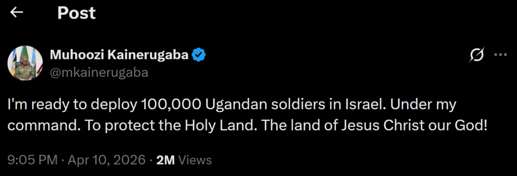 Muhoozi’s Viral Tweet on Deploying Ugandan Soldiers to Israel