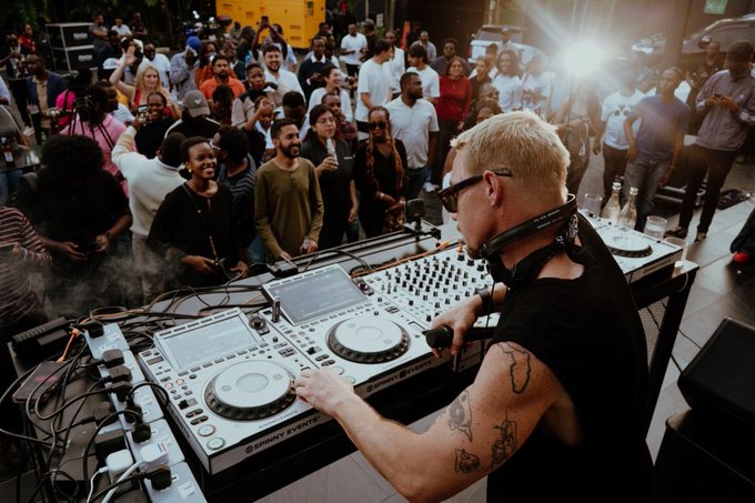Diplo performing at Mezo Noir Kampala with Ugandan DJs and energetic crowd