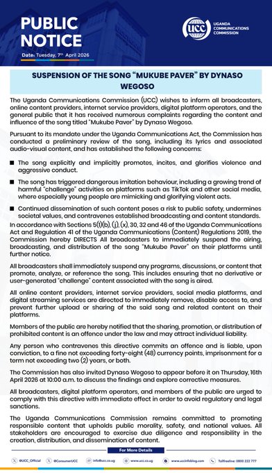 UCC Suspends Dynaso Wegoso’s “Mukube Paver” Song Over Violence and Public Safety Concerns