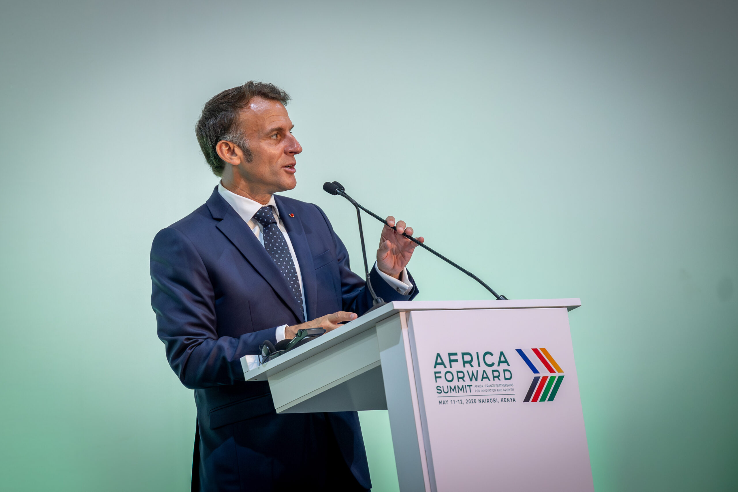 French President Emmanuel Macron speaks to an audience at the #AfricaForwardSummit in Nairobi, Kenya, during discussions focused on African business growth and international partnerships.