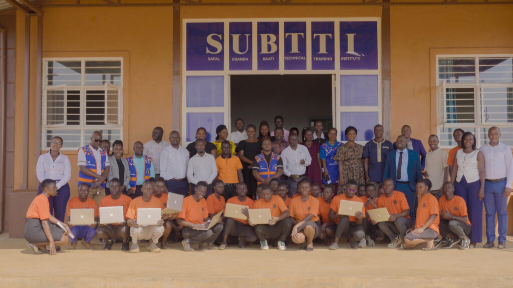 Safal Uganda Baati Foundation leaders hand over computers to the Technical Training Institute in Tororo to support digital education.