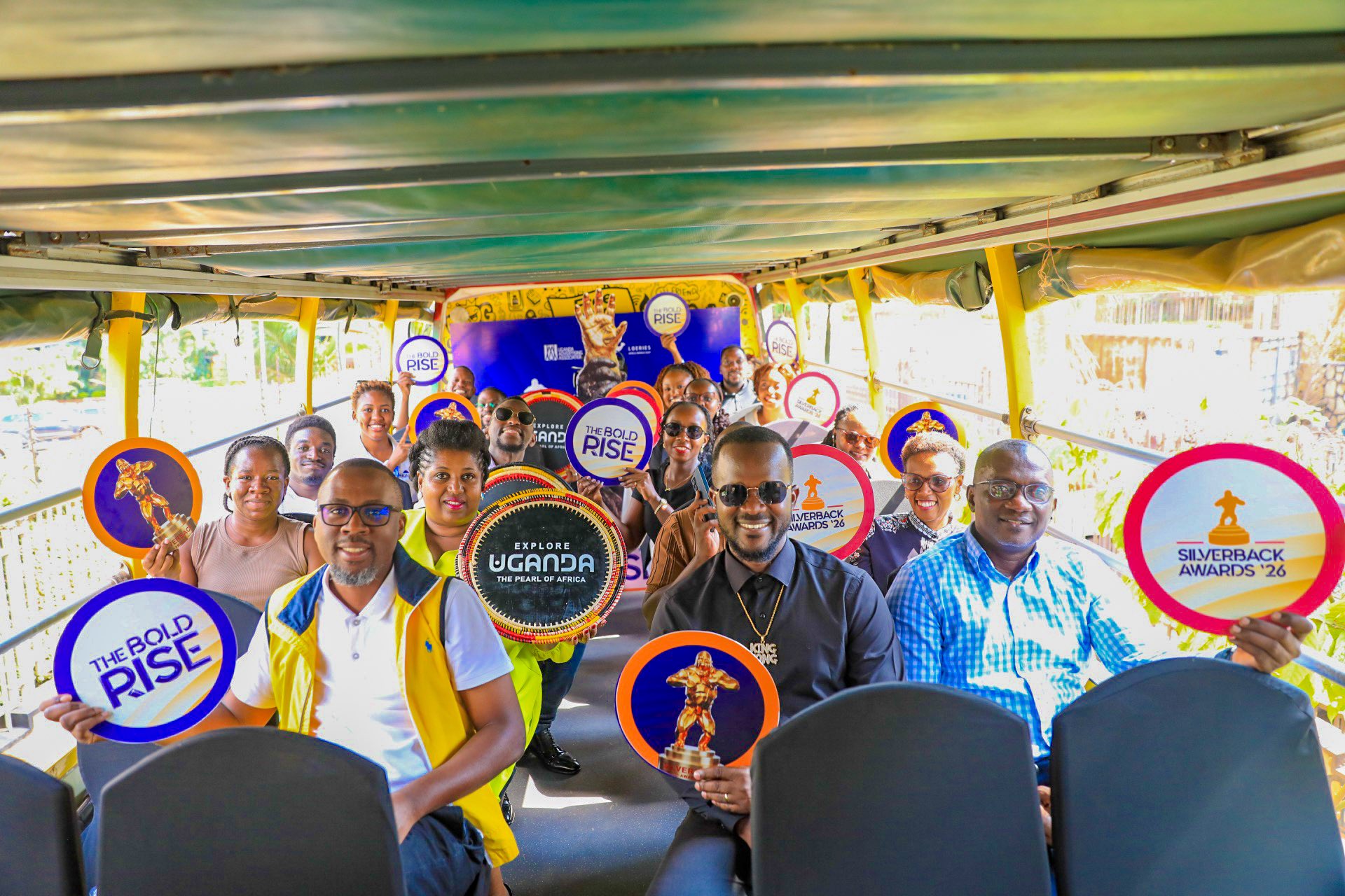 Industry leaders aboard the Promote Uganda Double Decker Bus during the launch of the Silverback Awards 2026 in Kampala.
