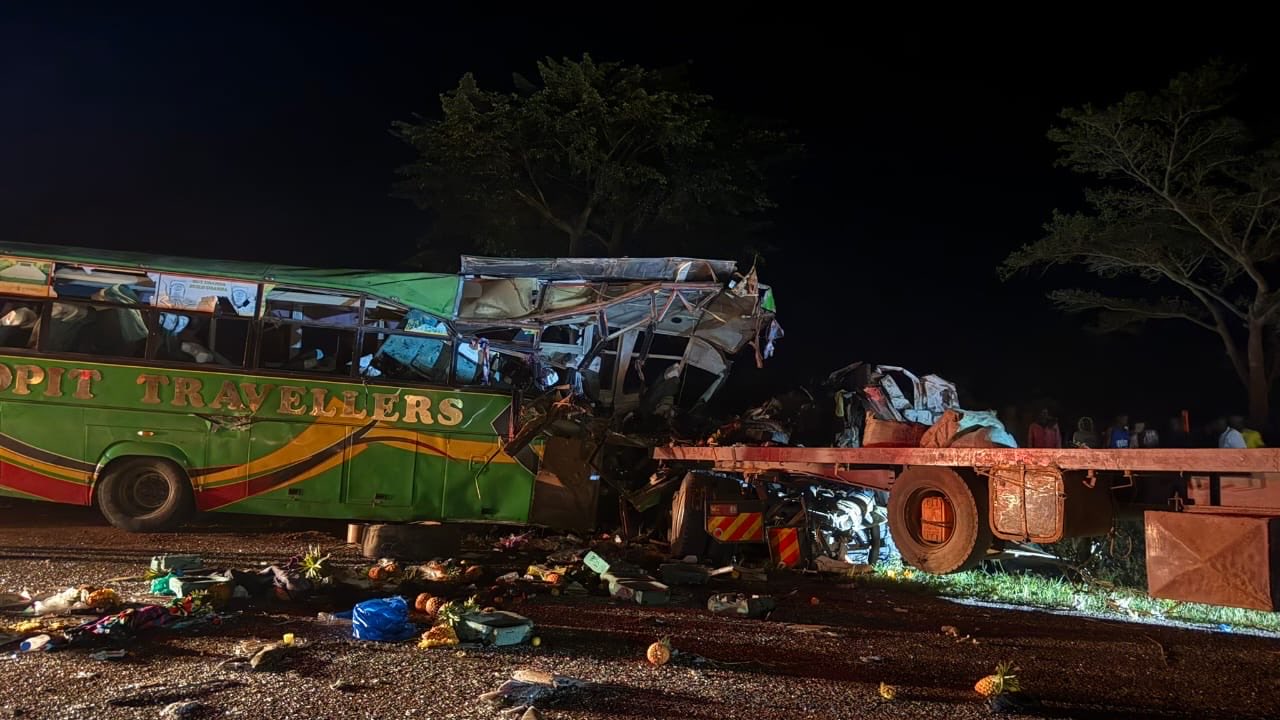 Fourteen people have died and 28 others were injured after a bus collided with a trailer at Bobi Trading Centre along the Kampala–Gulu Highway.